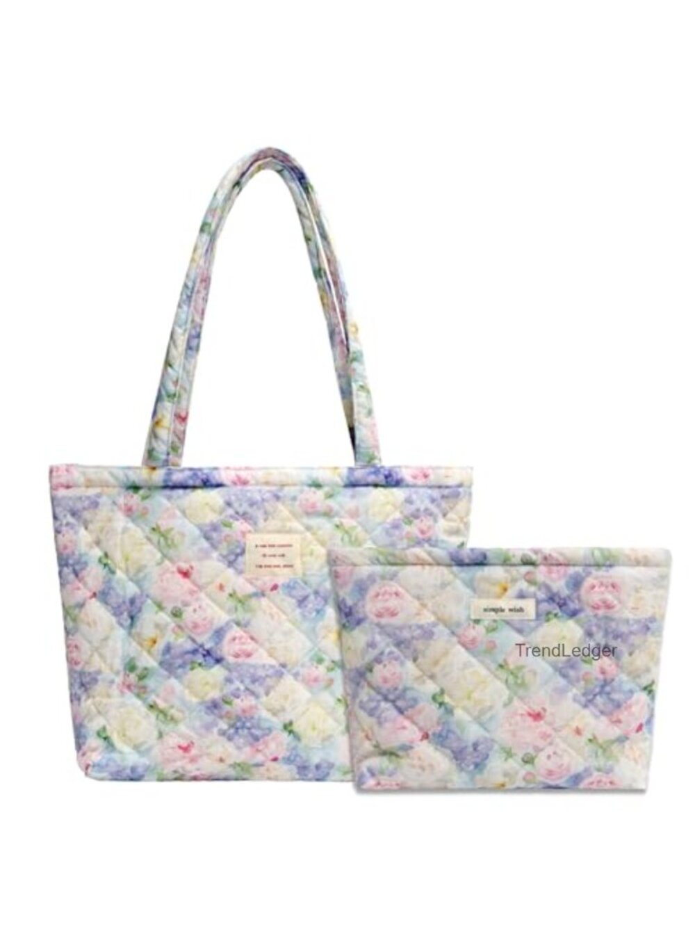 Floral Quilted Puffer Tote Bag Set with Makeup Clutch